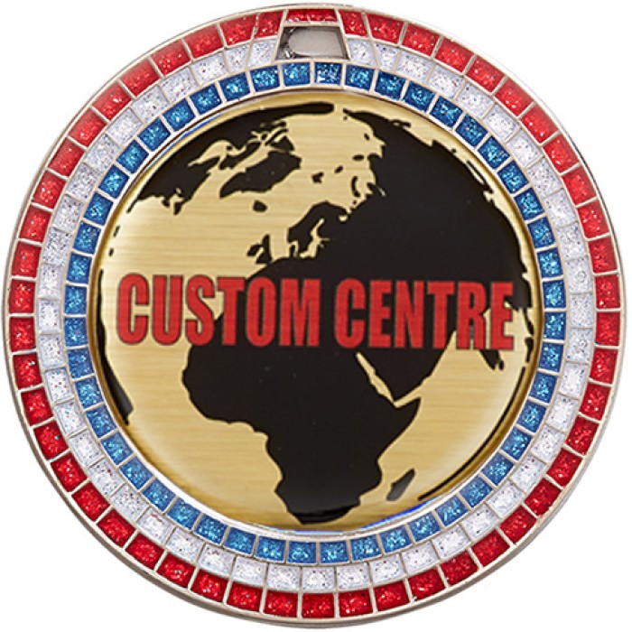 70MM RWB GEMSTONE SPARKLE CUSTOM MEDAL - GOLD, SILVER OR BRONZE  - VINYL CENTRES